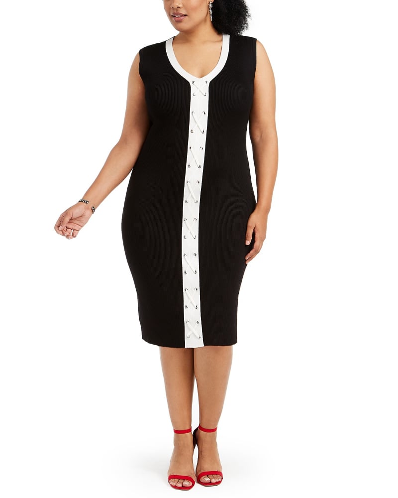 Front of a model wearing a size 1X Planet Gold Women's Plus Size Trendy Lace-Up Bodycon Dress Black Size 1X in Black by Planet Gold. | dia_product_style_image_id:313065